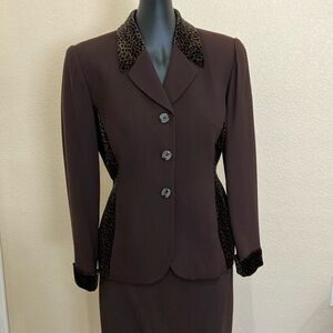 Kasper ASL brown suit with leopard print accents
